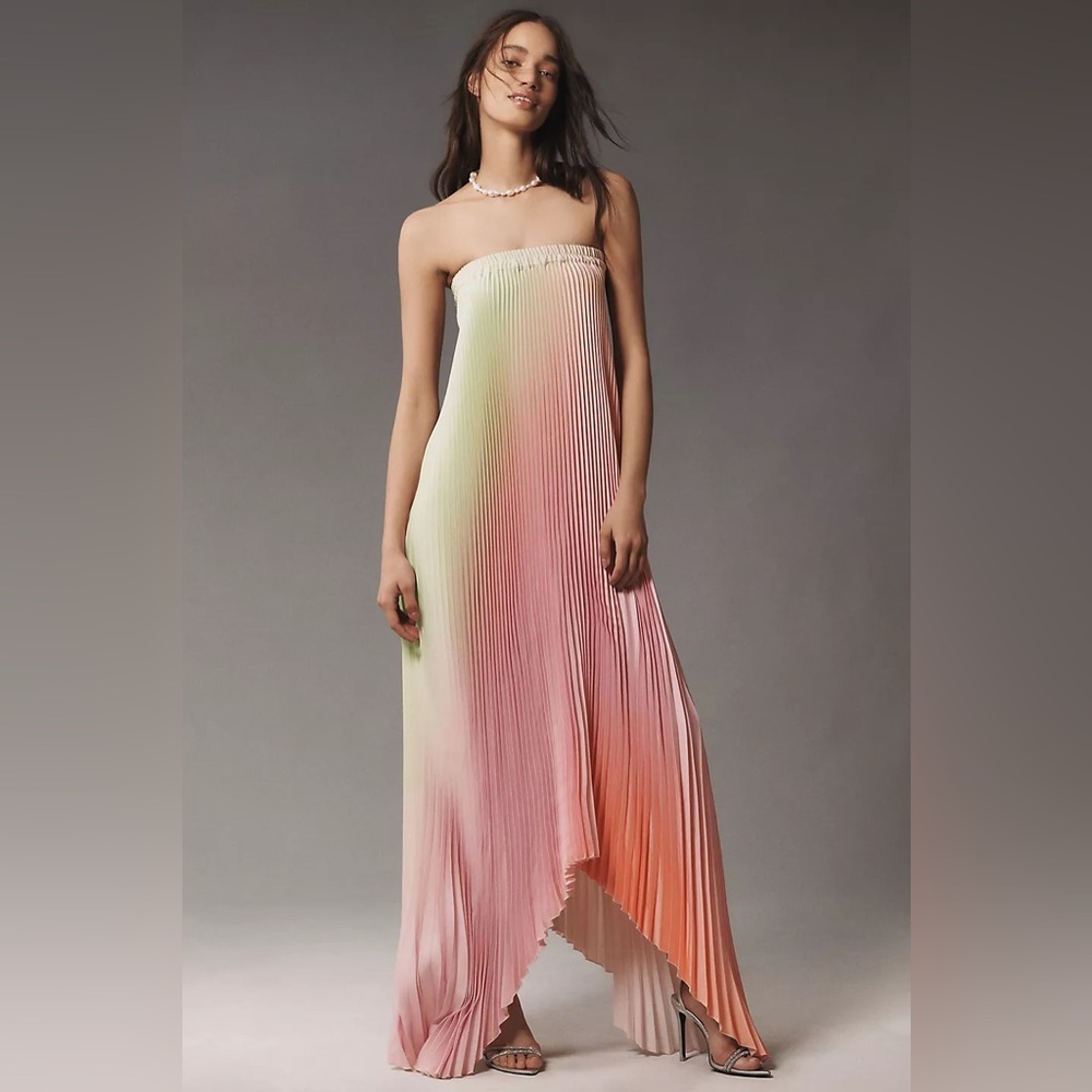 Strapless Ombre Pleated Maxi Dress in Pink/Peach